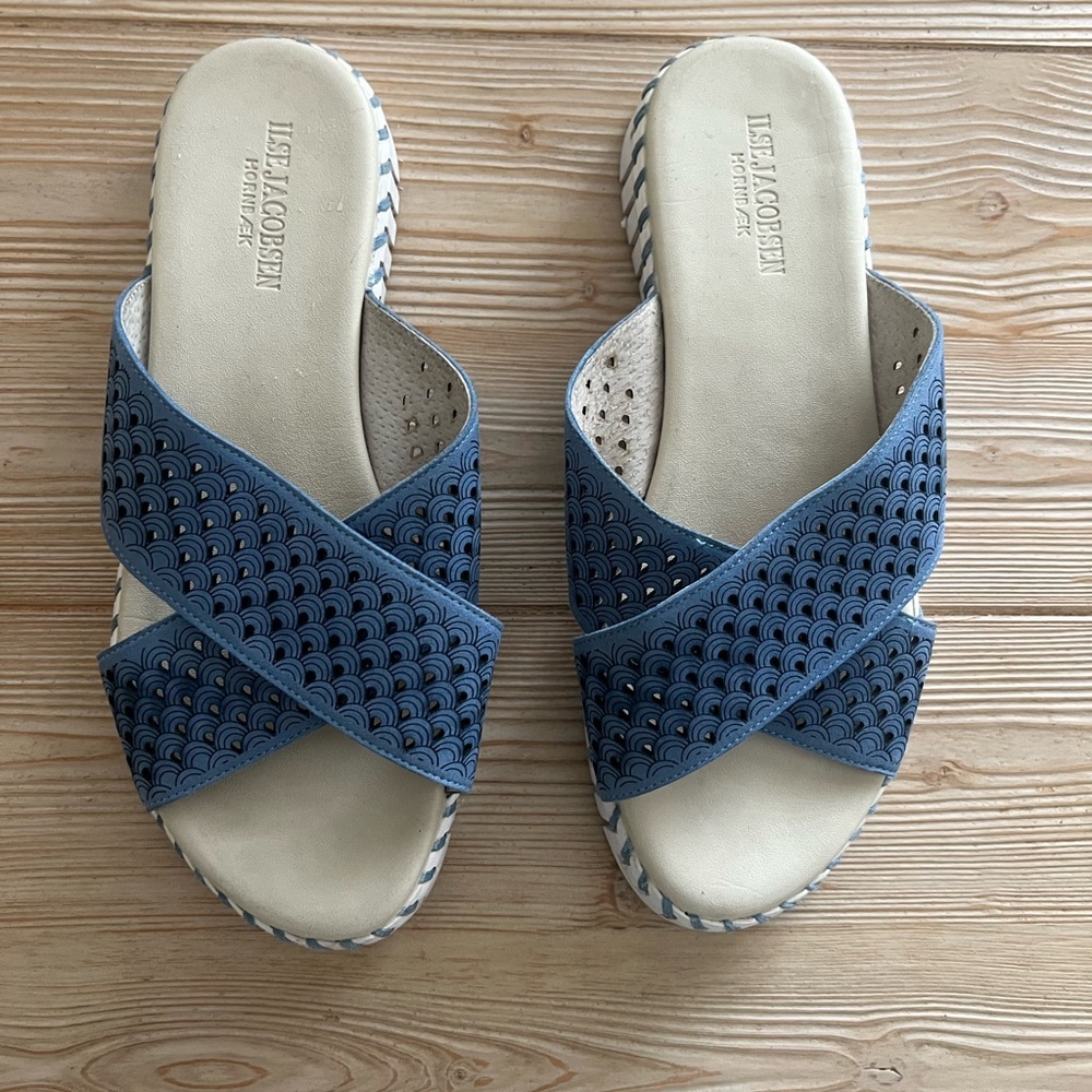 Ilse Jacobsen Tulip Sandals Size 40 (US 9) Blue Laser Cut Cross Strap Slides